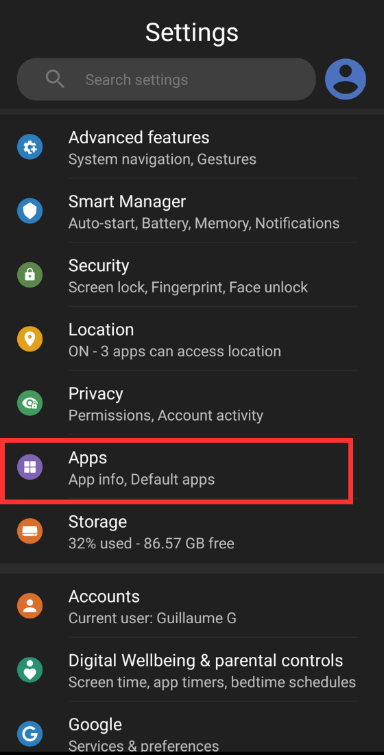 Android phone settings menu