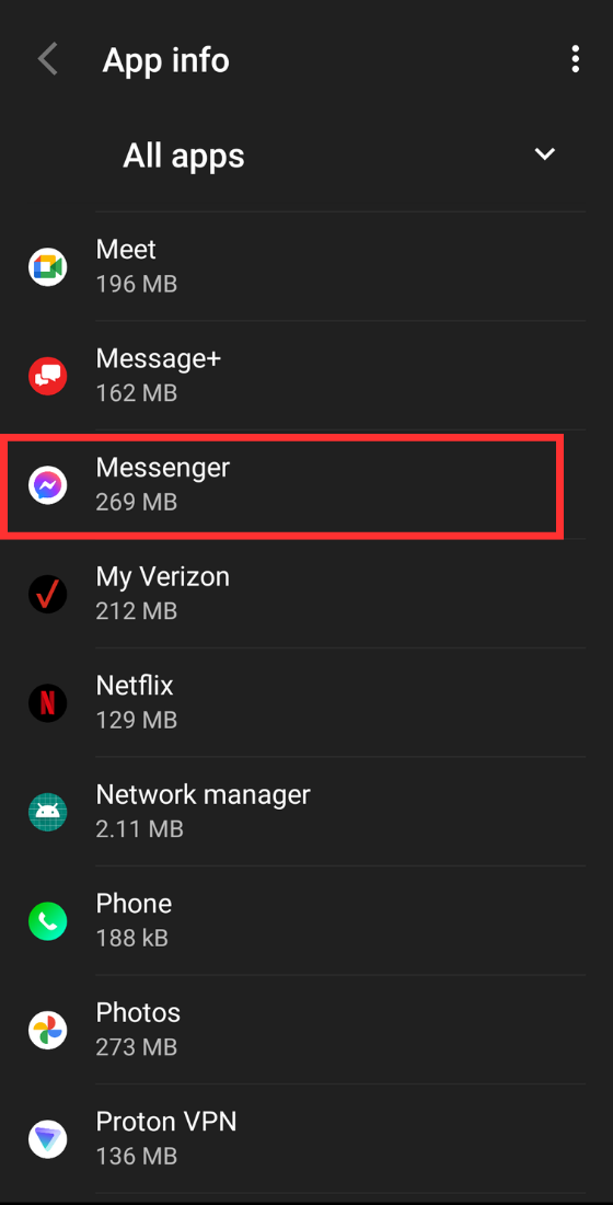 Android phone settings menu Messenger