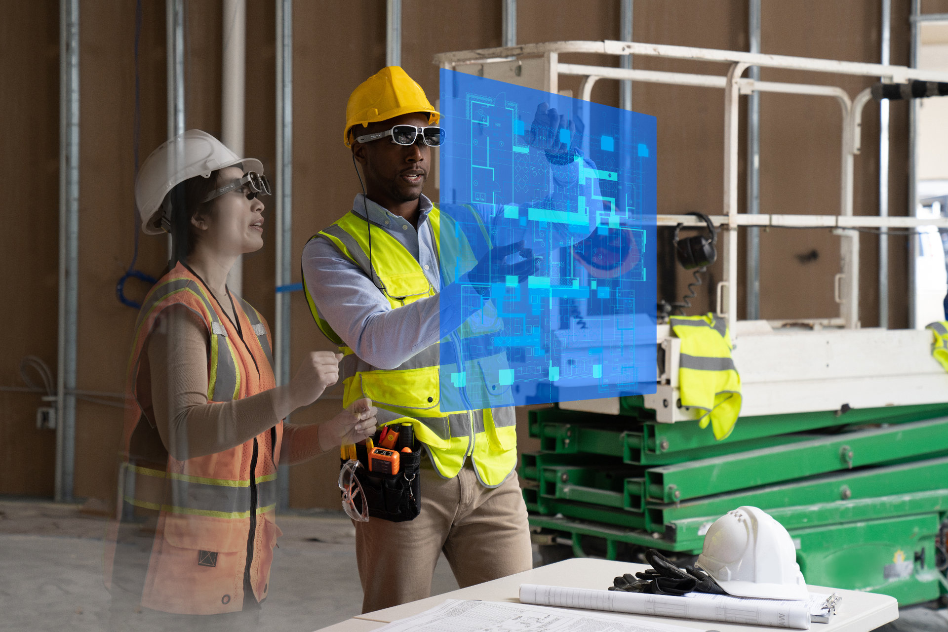 Construction Workers Discussing Architecture With AR Glasses