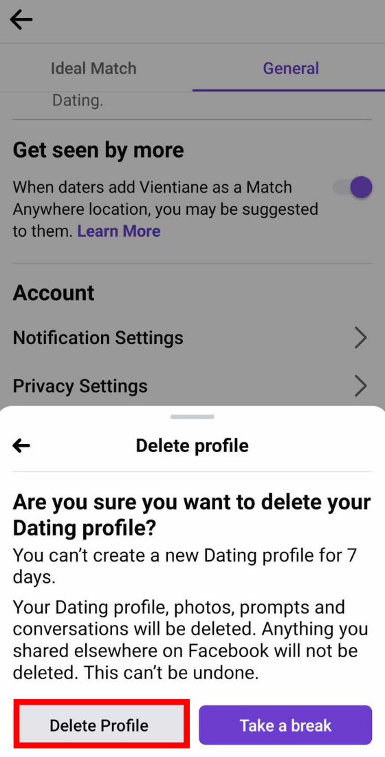 Facebook Deleting dating profile confirmation