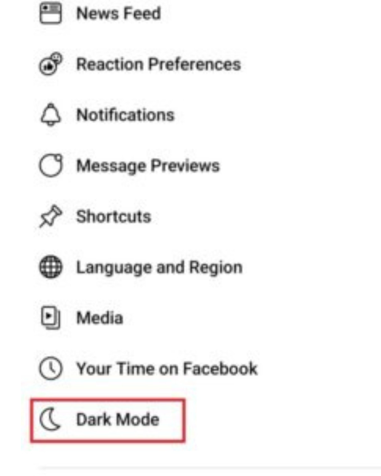 Facebook Menu Dark Mode