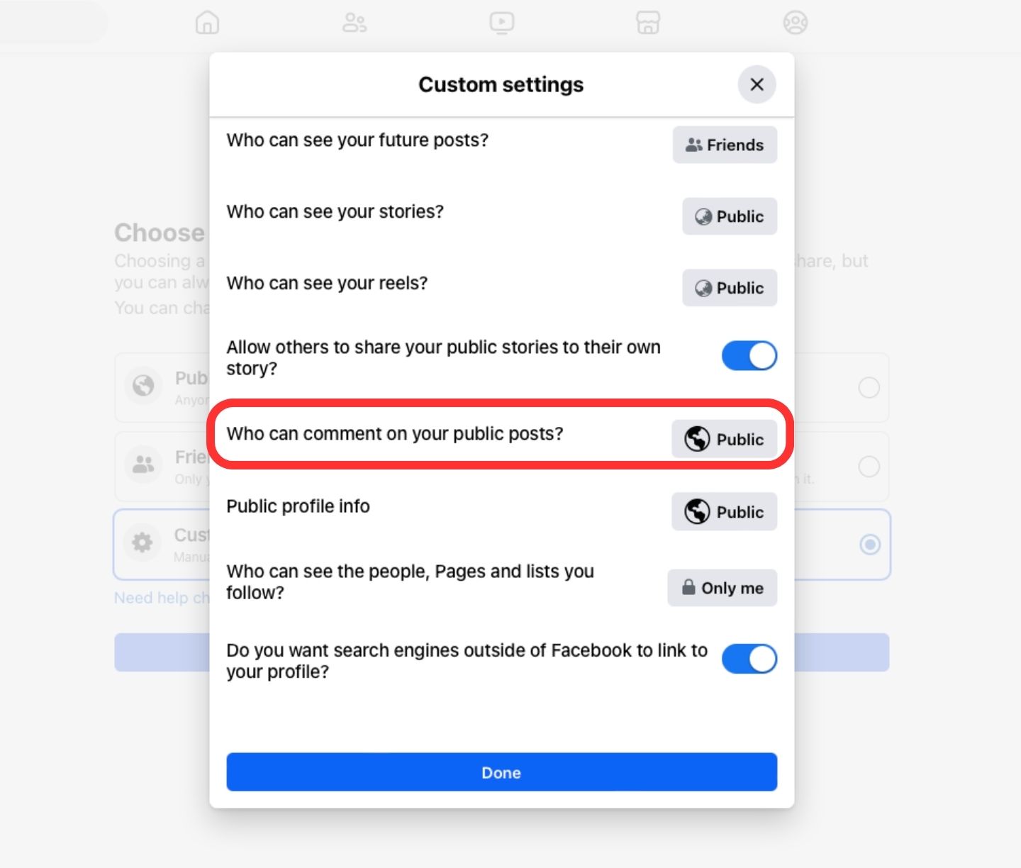Facebook comment settings