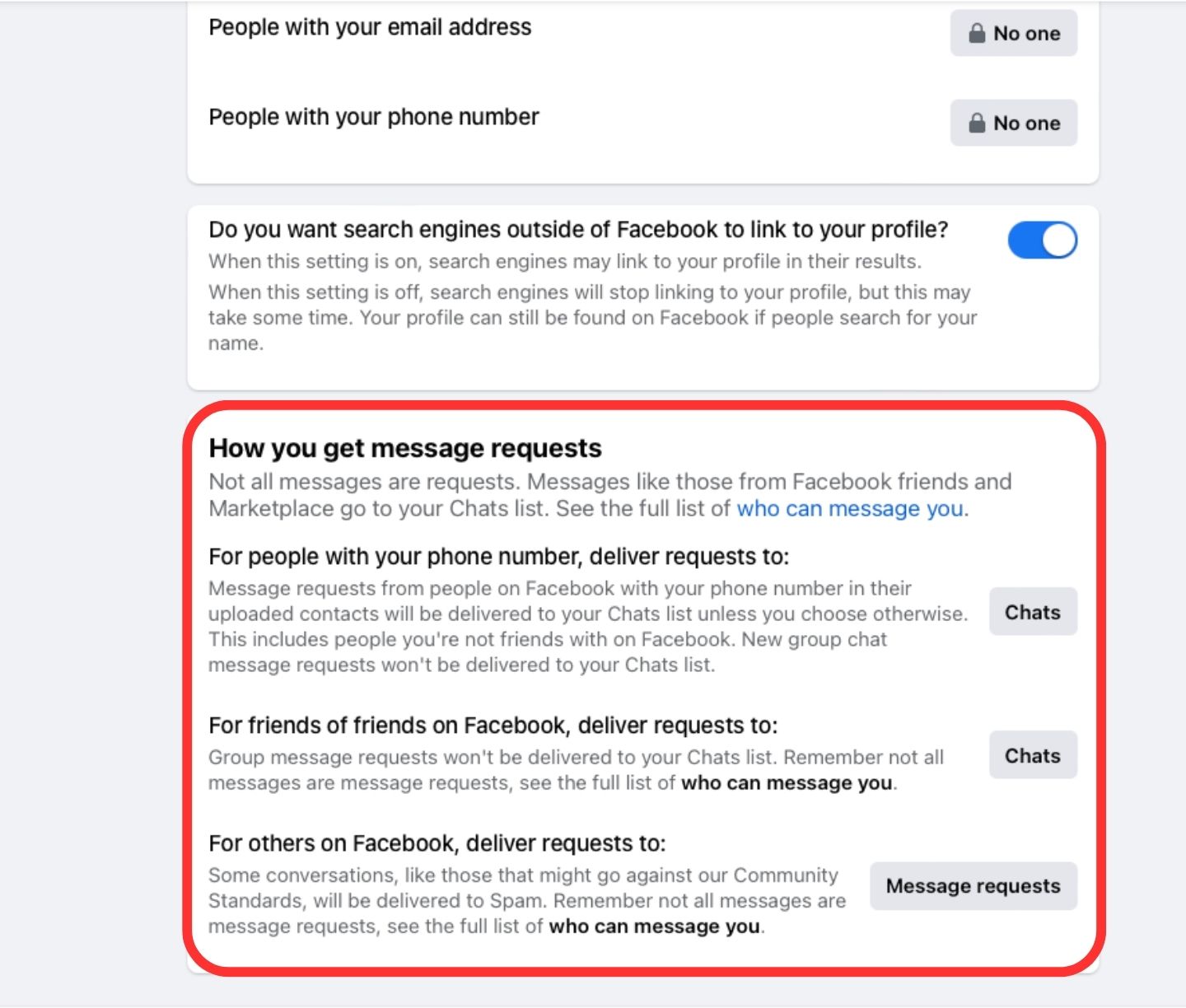 Facebook message requests settings