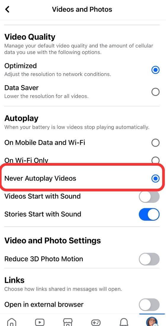 Facebook mobile turn off auto play videos