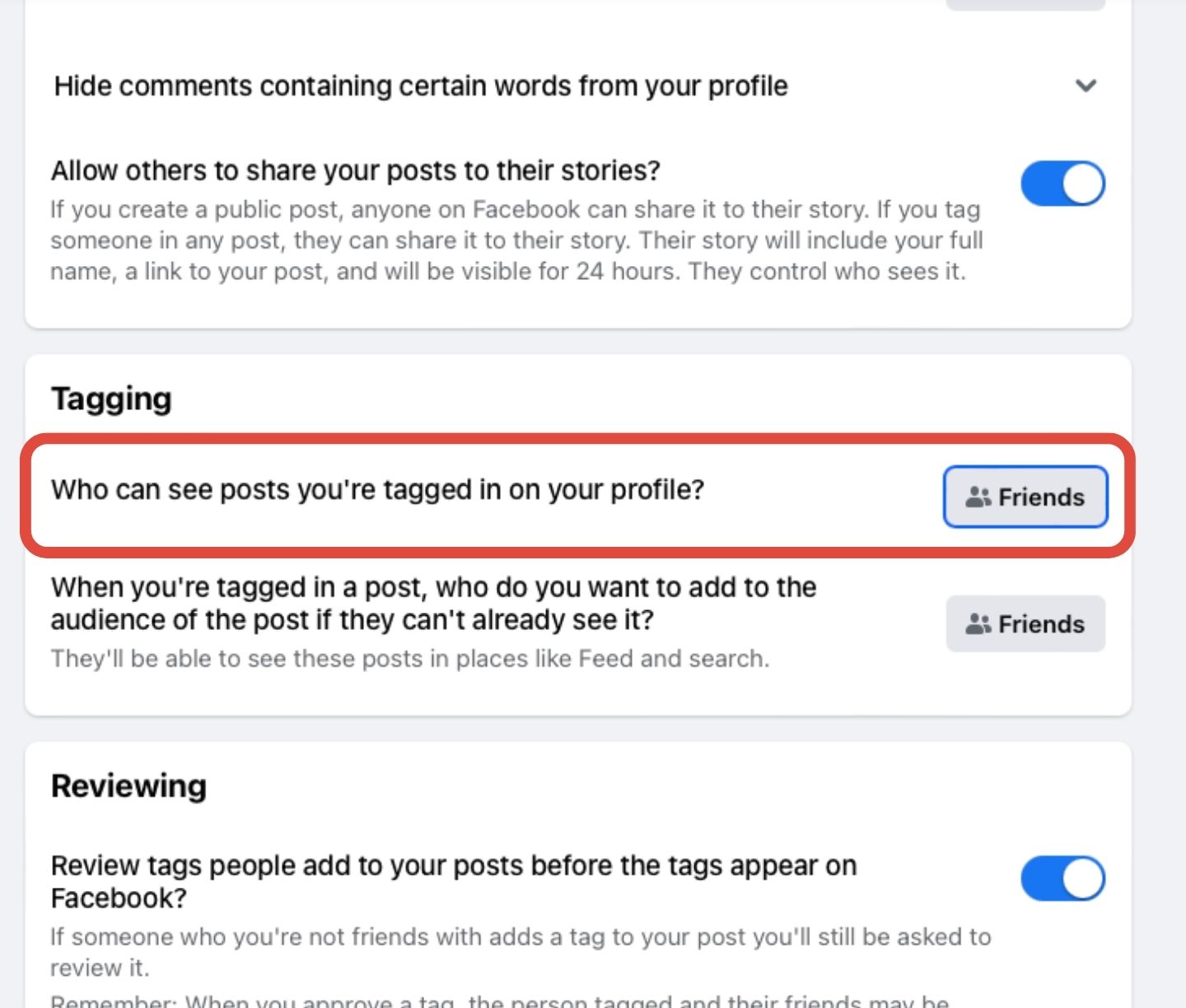 tagging settings Facebook