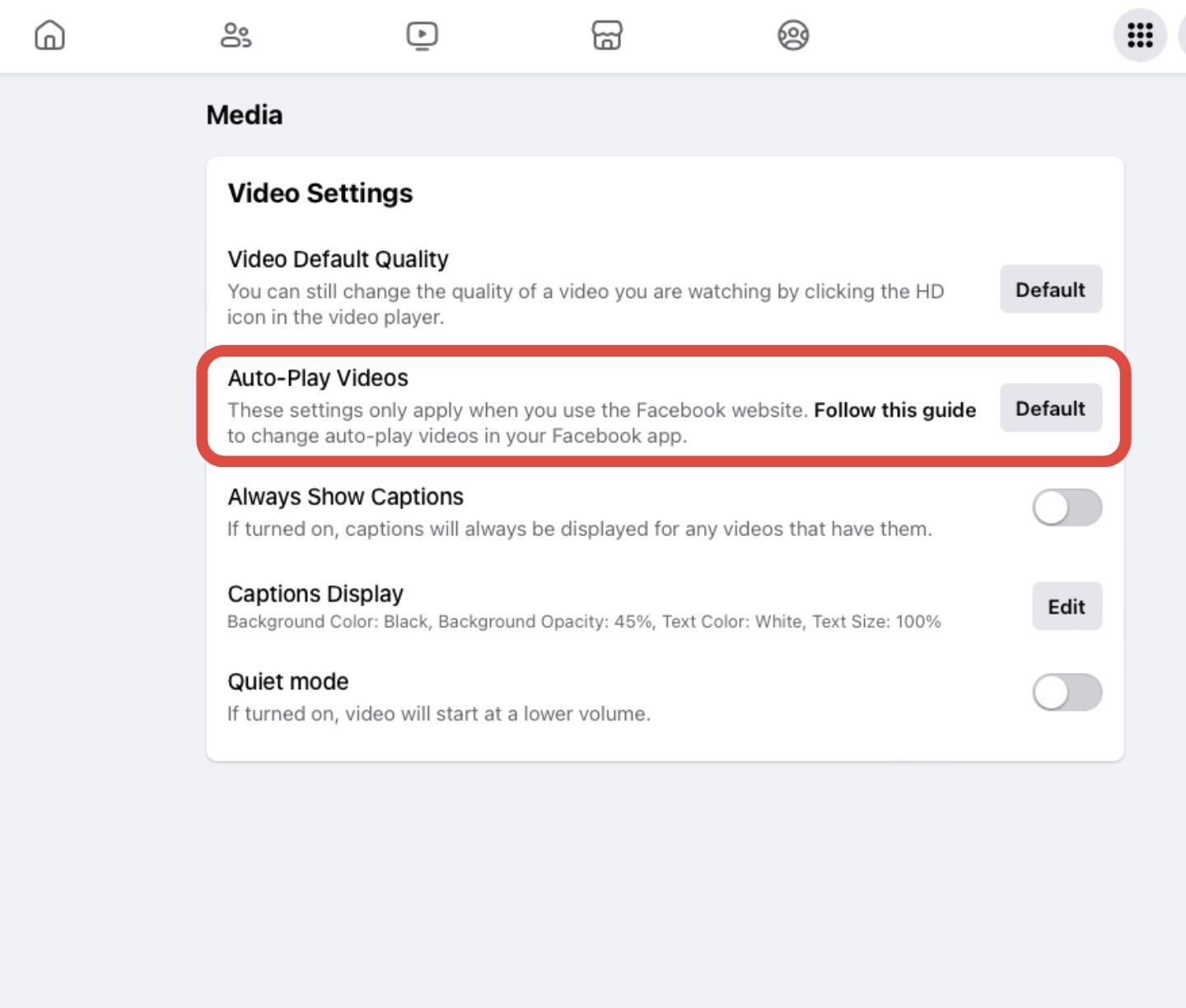 Facebook video auto play settings