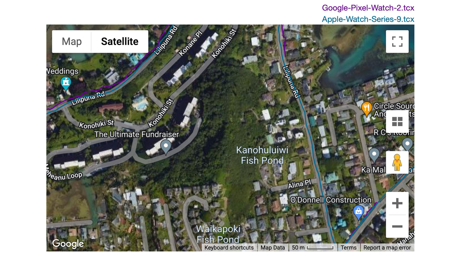 A satellite map shows a Google Pixel Watch 2's GPS data.