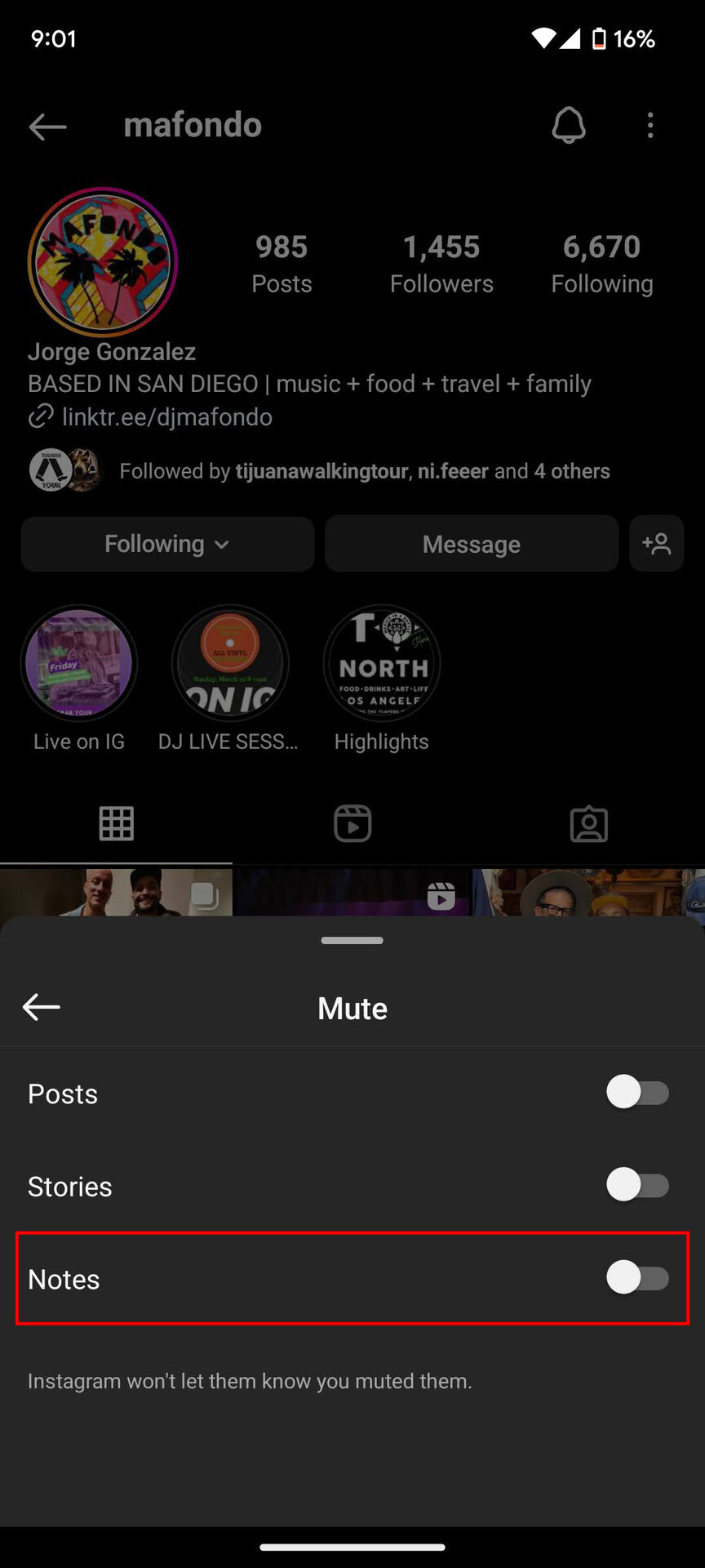 How to unmute Instagram Notes from the profile page (3)