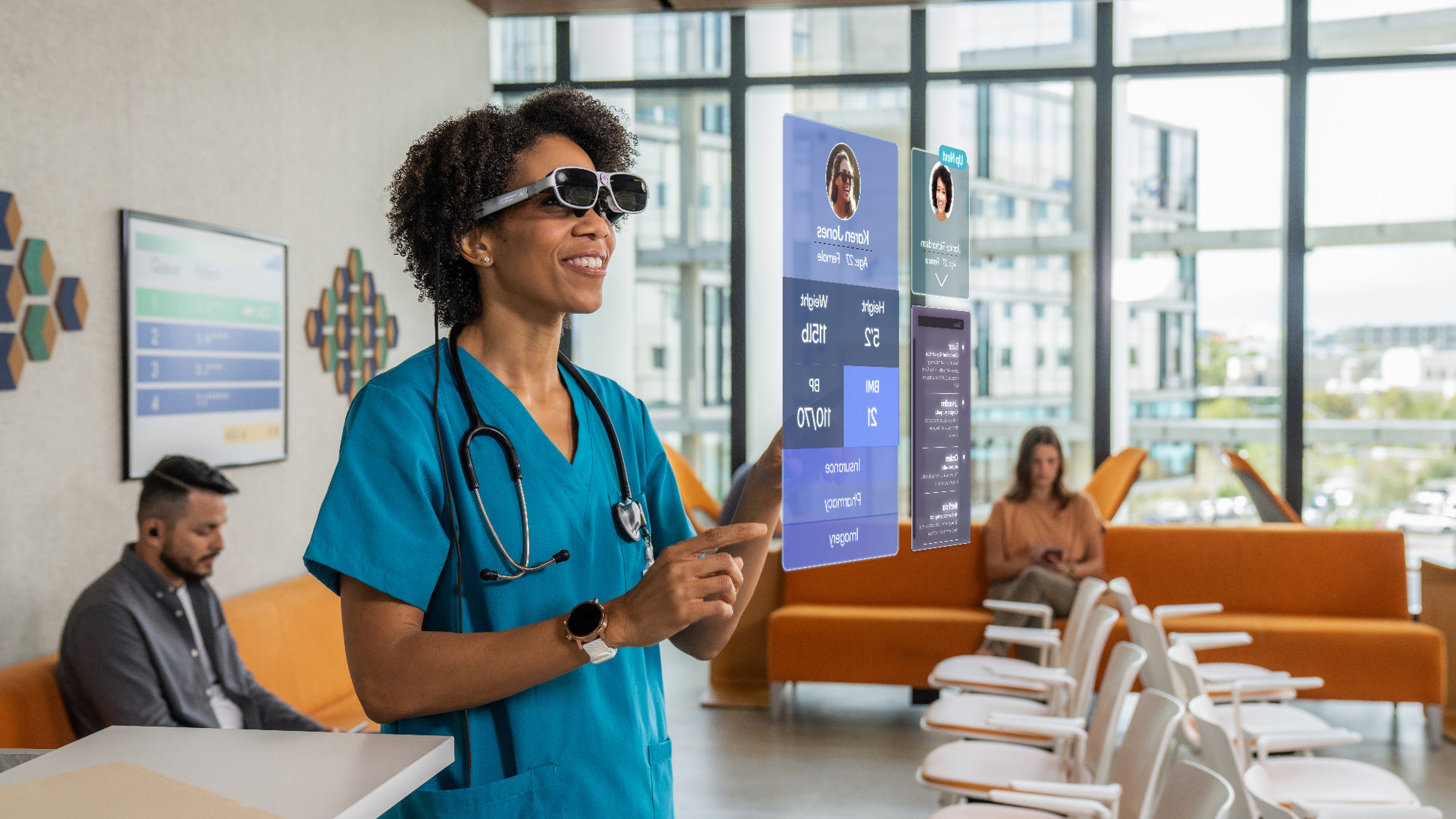 Nurse Reading Charts With AR Glasses Before Calling Patient 2