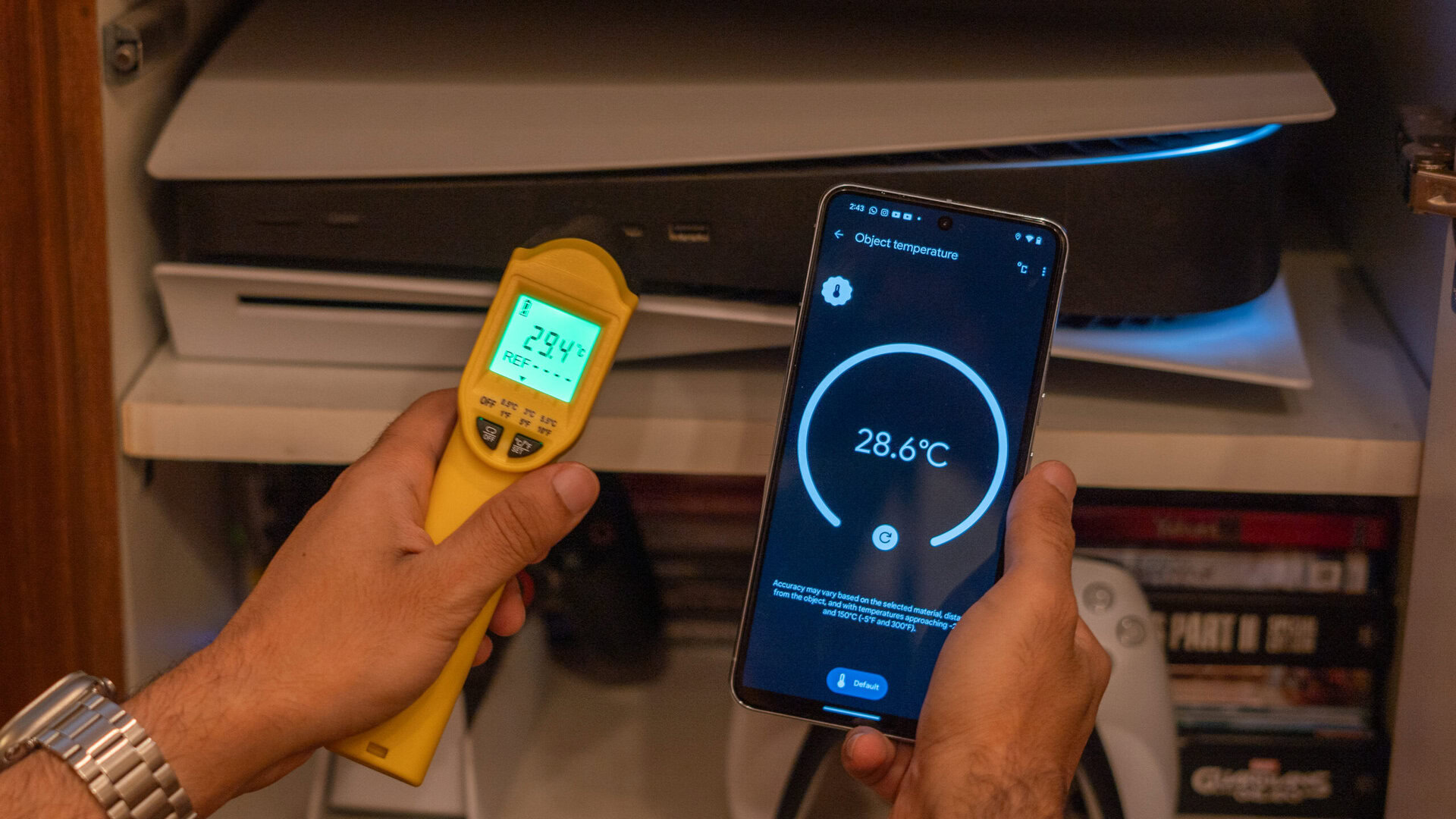 Pixel 8 Pro vs Stanley IR Thermometer measuring PlayStation 5 temperature