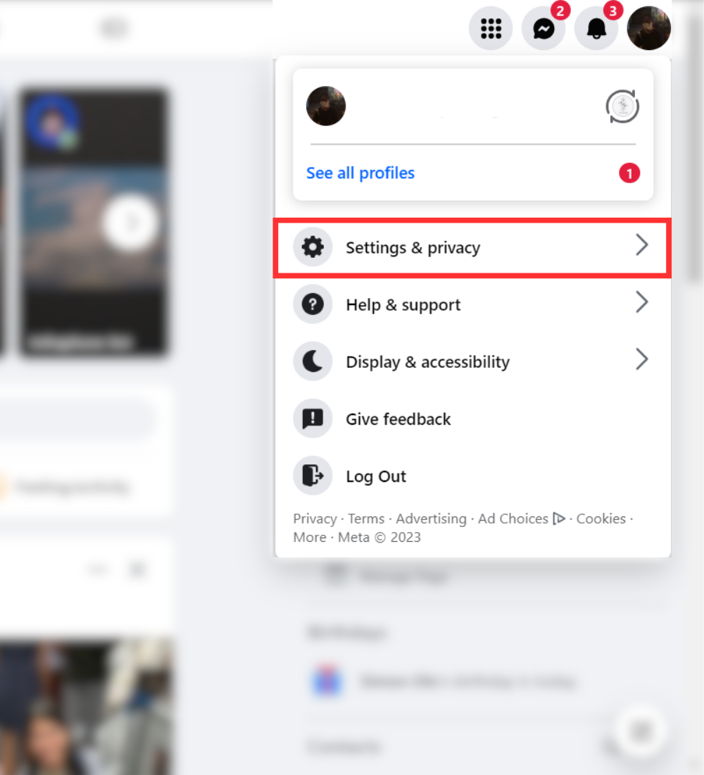 Facebook desktop setting menu setting & privacy button