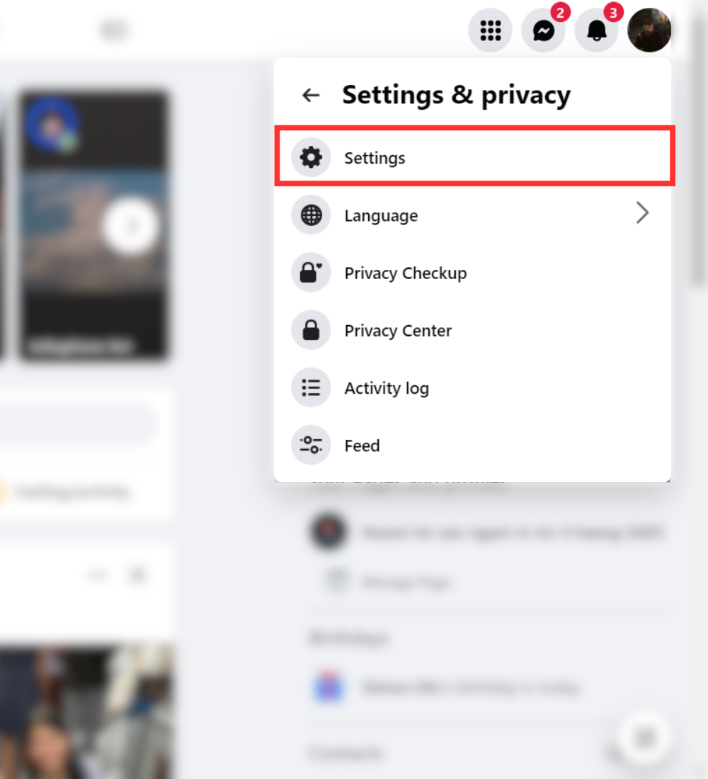Facebook desktop setting menu