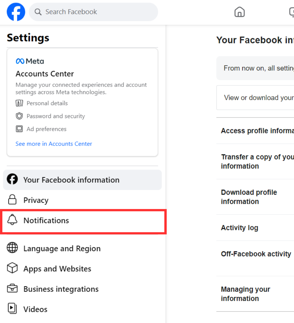 Facebook desktop settings menu notifications