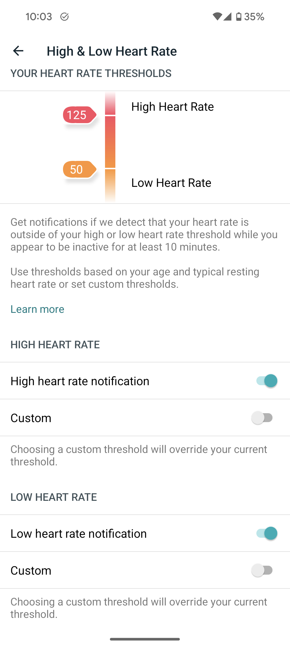 إعدادات لقطة شاشة تطبيق Fitbit، نشاط القلب، معدل ضربات القلب المرتفع، المنخفض