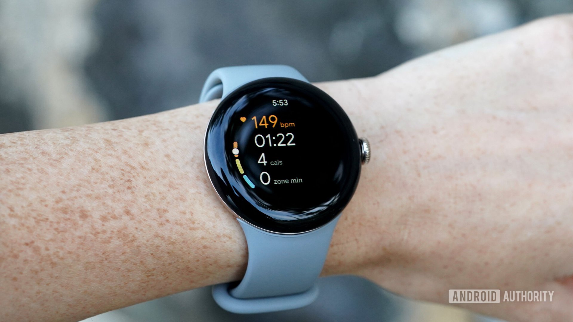 A Google Pixel Watch 2 displays a user's heart rate zones during a workout.