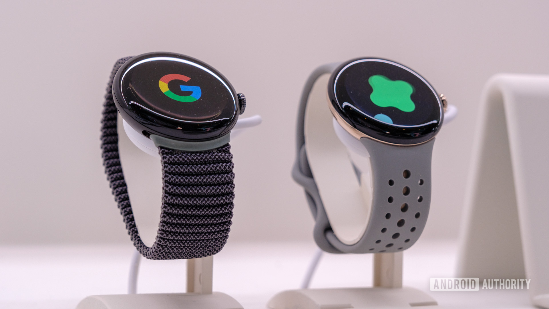 The new Google Pixel Watch 2 on show with 2 different wrist band designs.