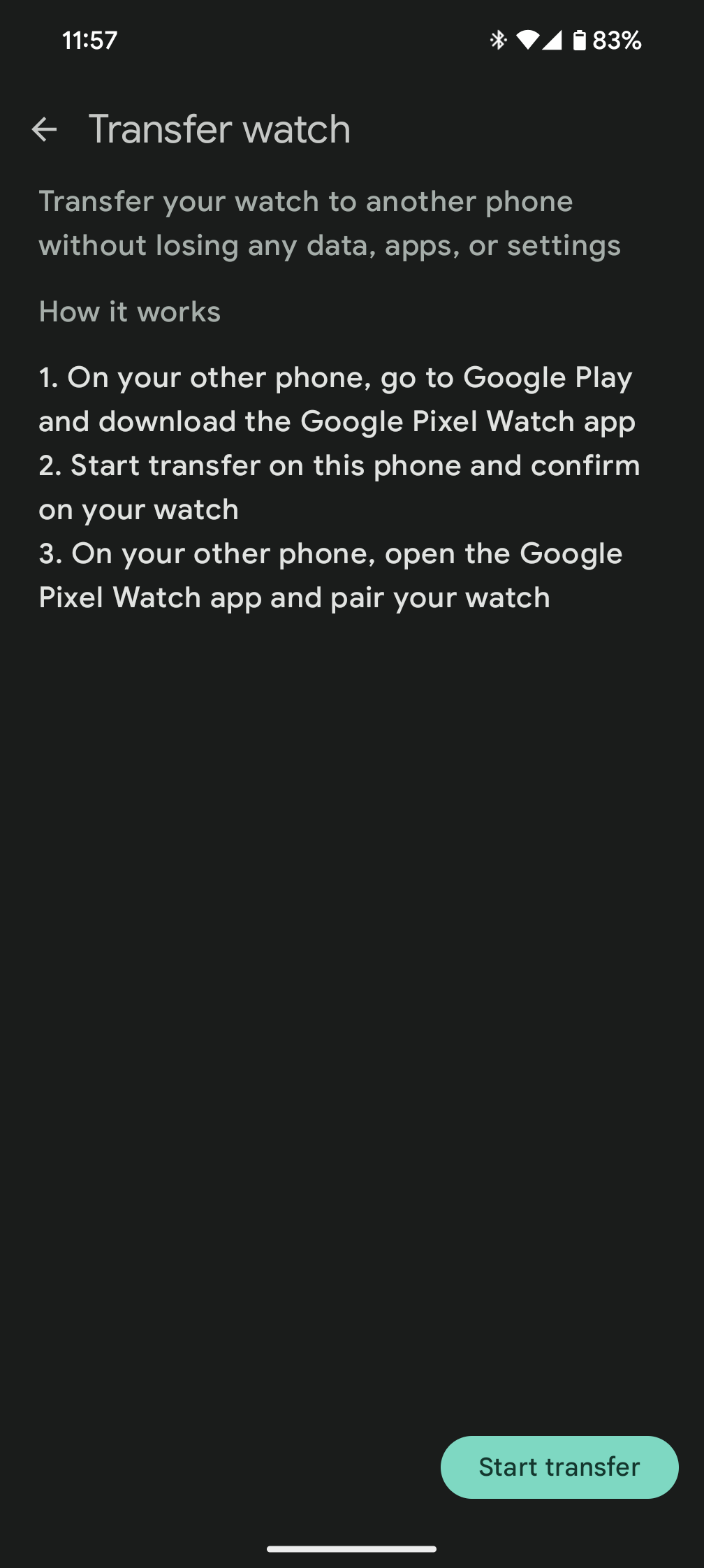 google pixel watch app screenshot transfer watch