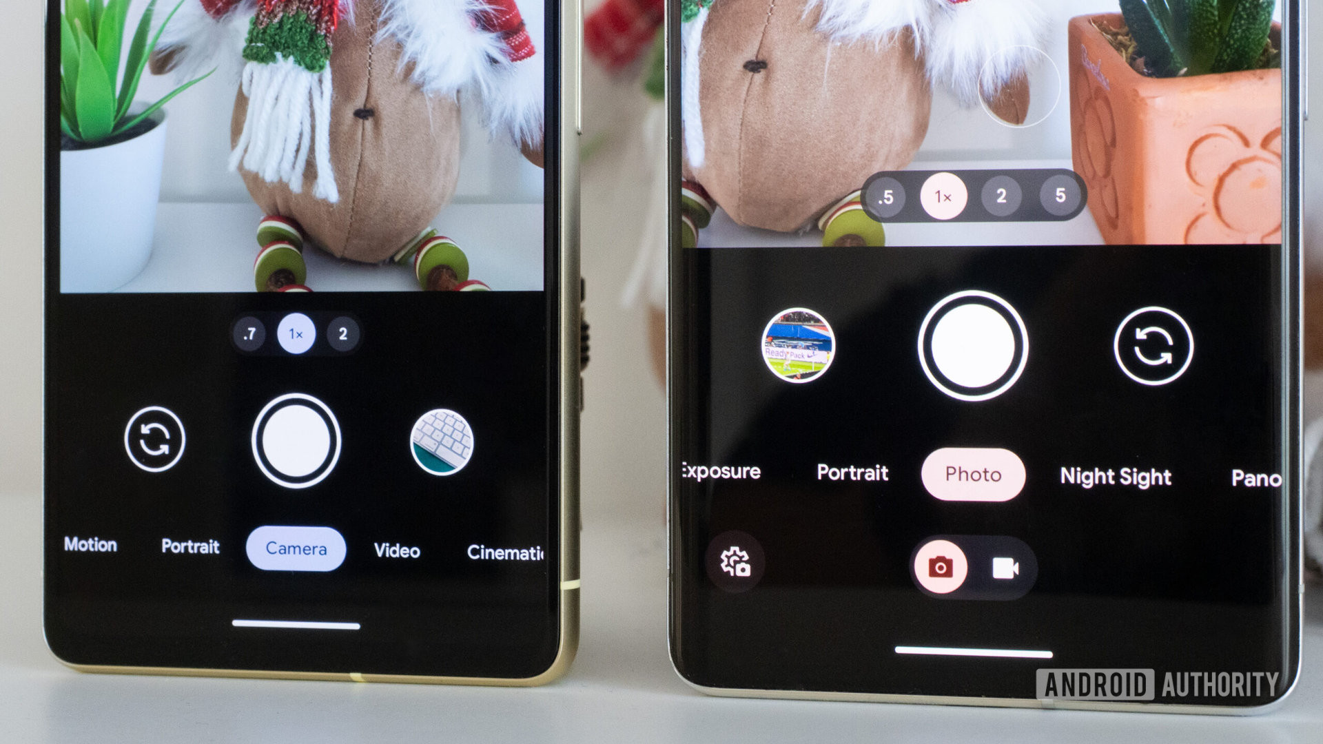 New pixel camera app interface on the Pixel 7 Pro (right) next to the old interface on the Pixel 7 (right).