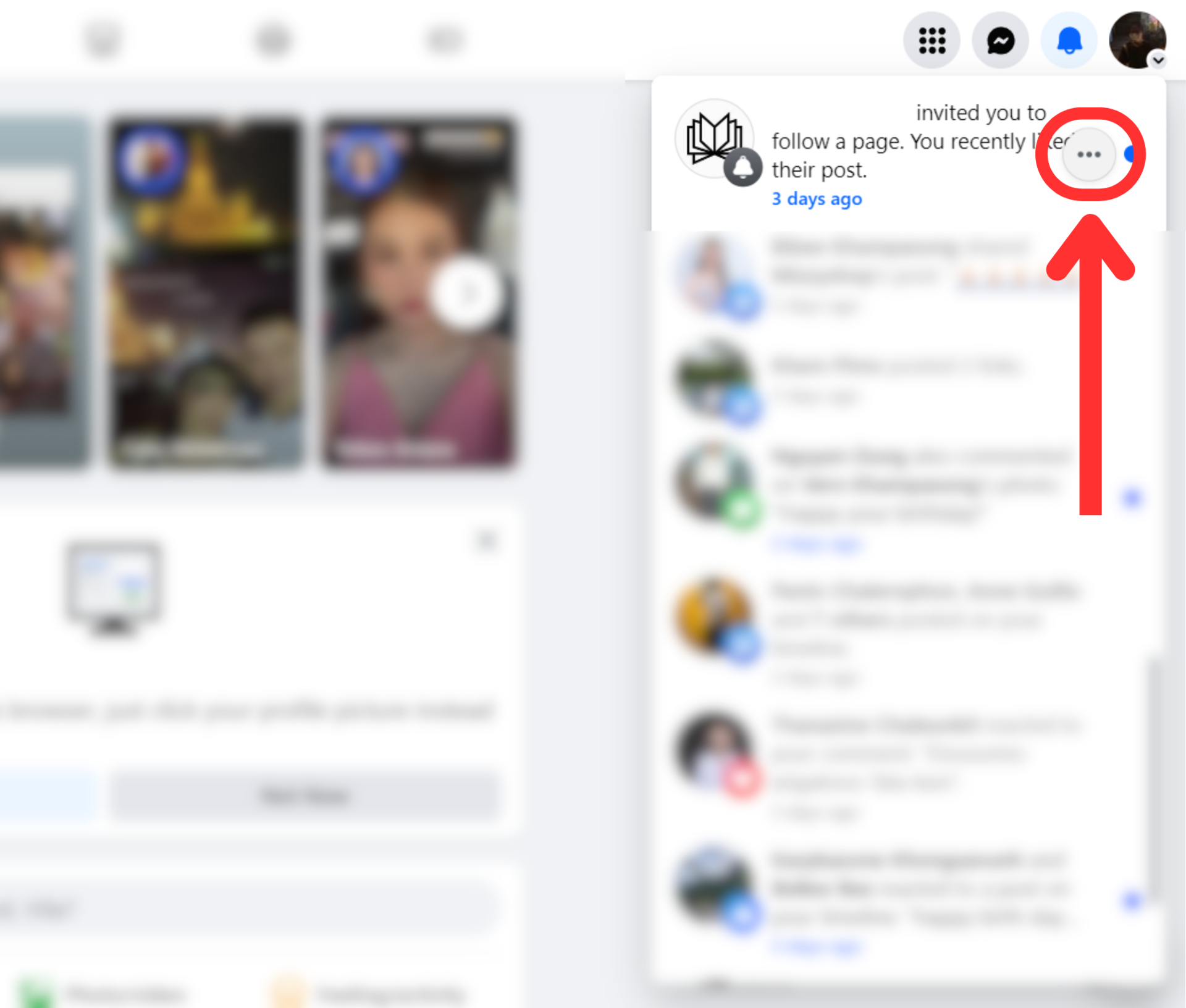 Facebook website home page notifications three dots button