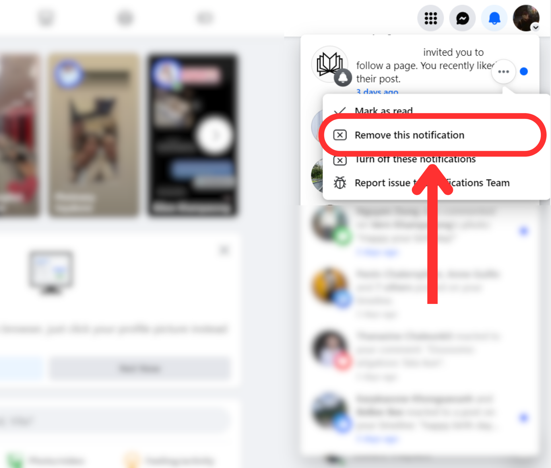 Facebook website home page notifications remove this notification button