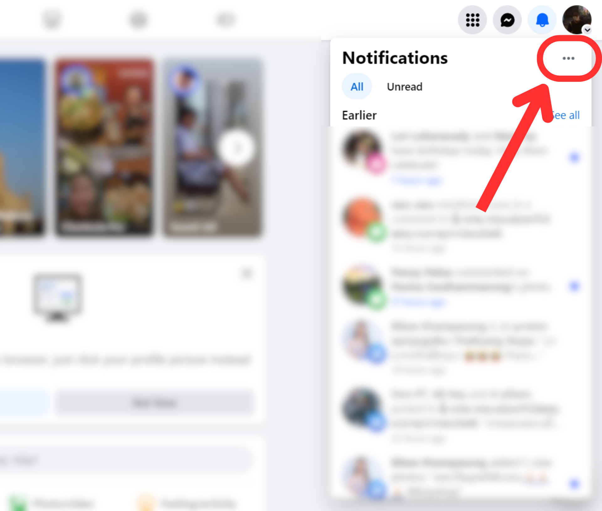 Facebook website home page notifications three dots button