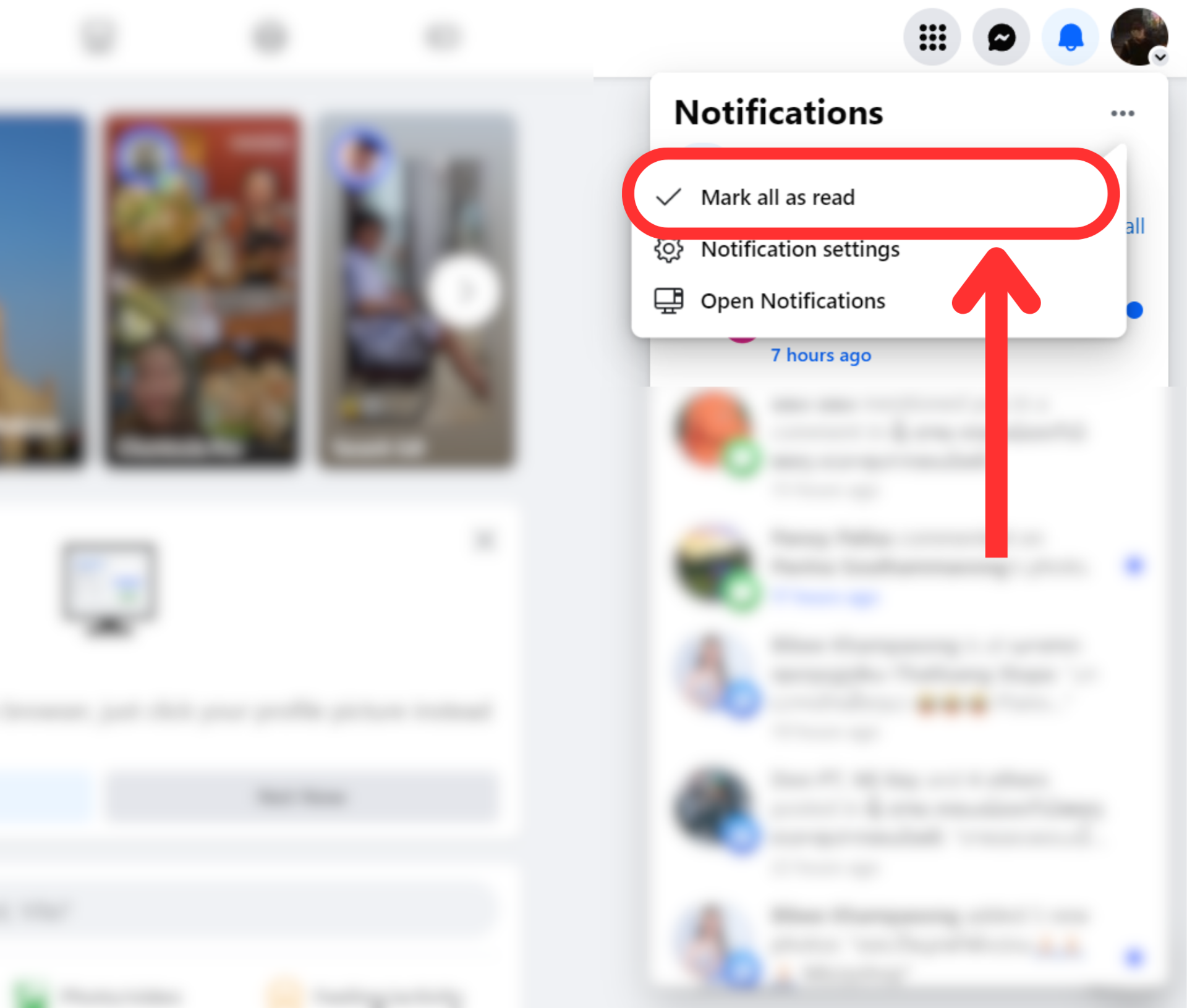 Facebook website home page notifications mark all as read