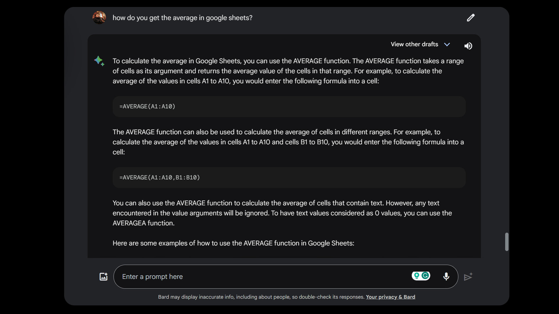Asking Google Bard questions about Sheets