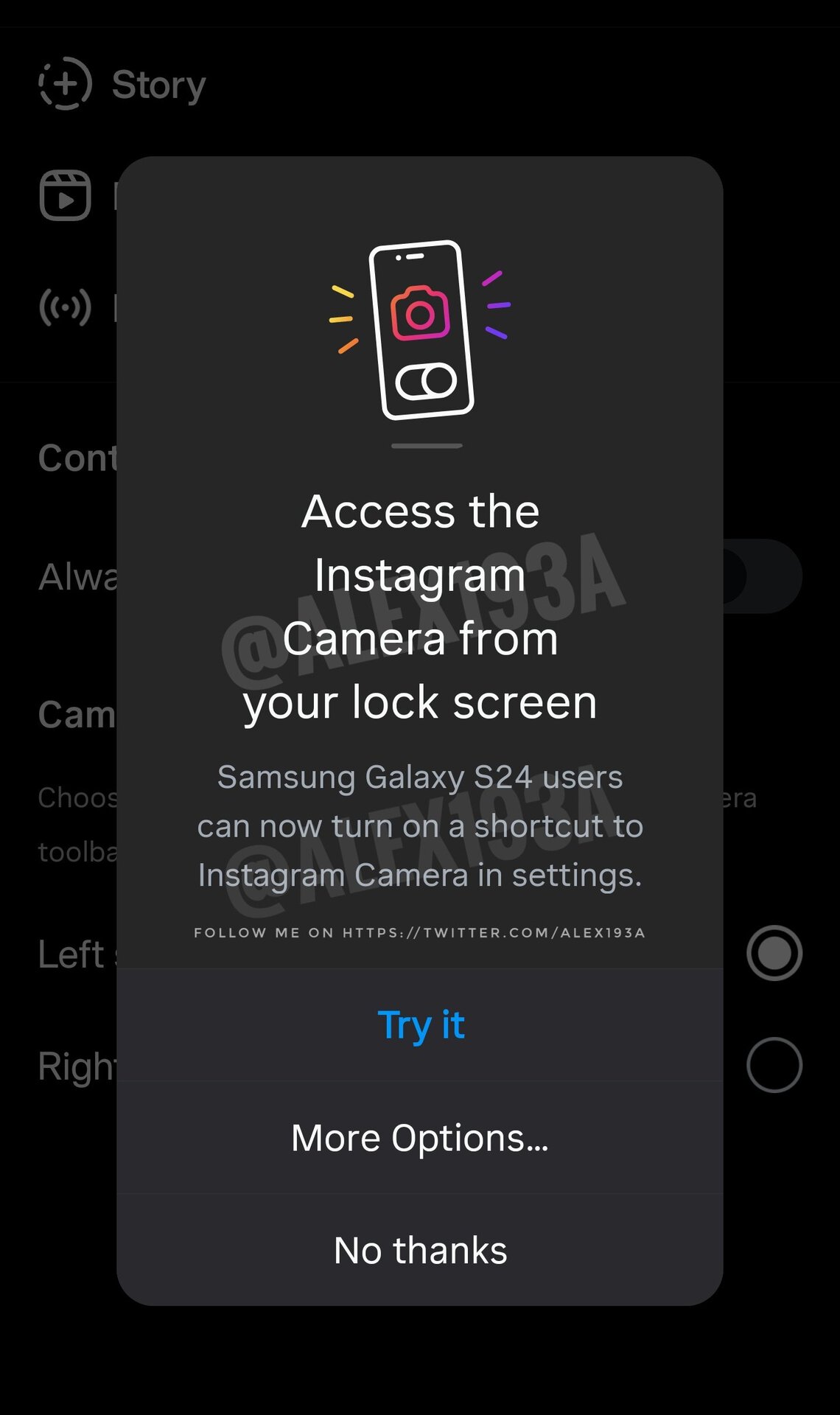Galaxy S24 Instagram lock screen shortcut
