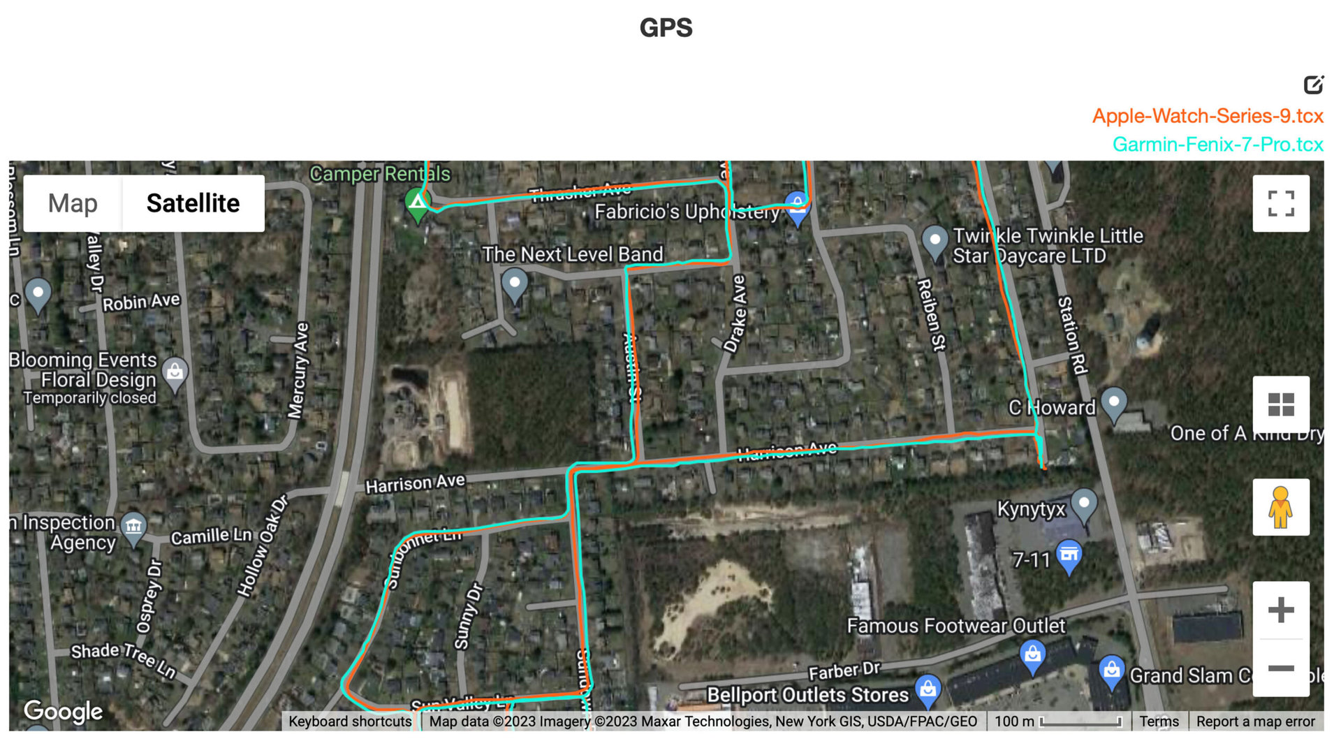GPS data shows closely aligned tracking via a Garmin Fenix 7 Pro and an Apple Watch Series 9.
