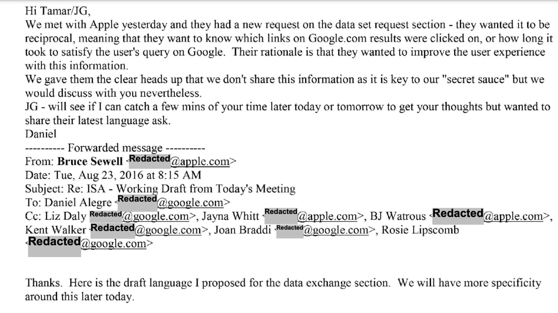 Google Anti trust trial email apple data exchange