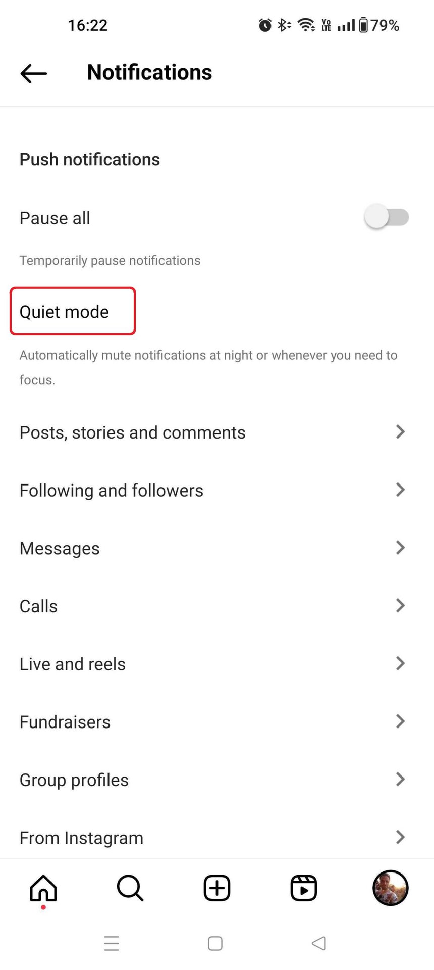 Instagram Notifications Menu Quiet Mode Highlighted