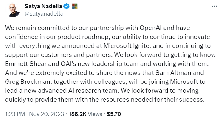 Microsoft Satya Nadella announces Sam Altman joins Microsoft