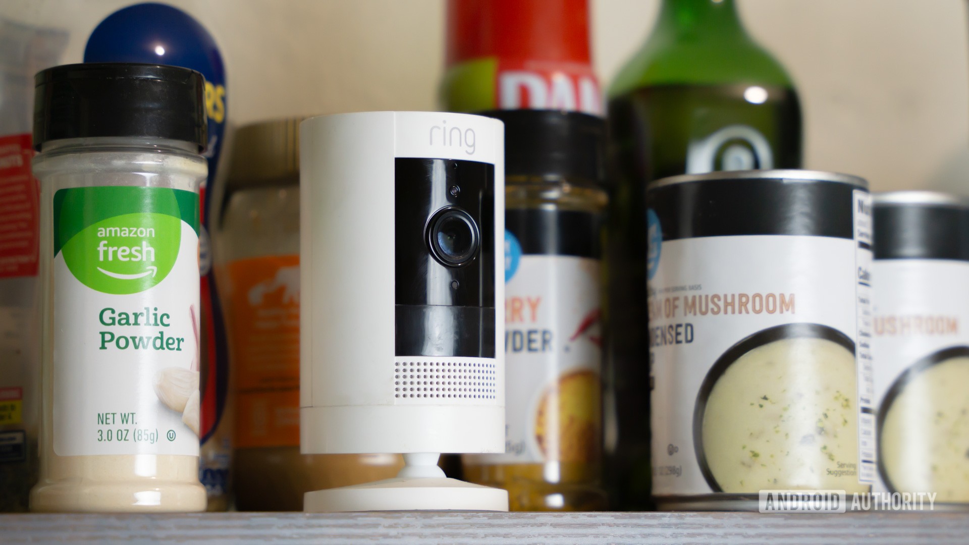 Ring camera next to spices, cans, and more kitchen items stock photo (1)