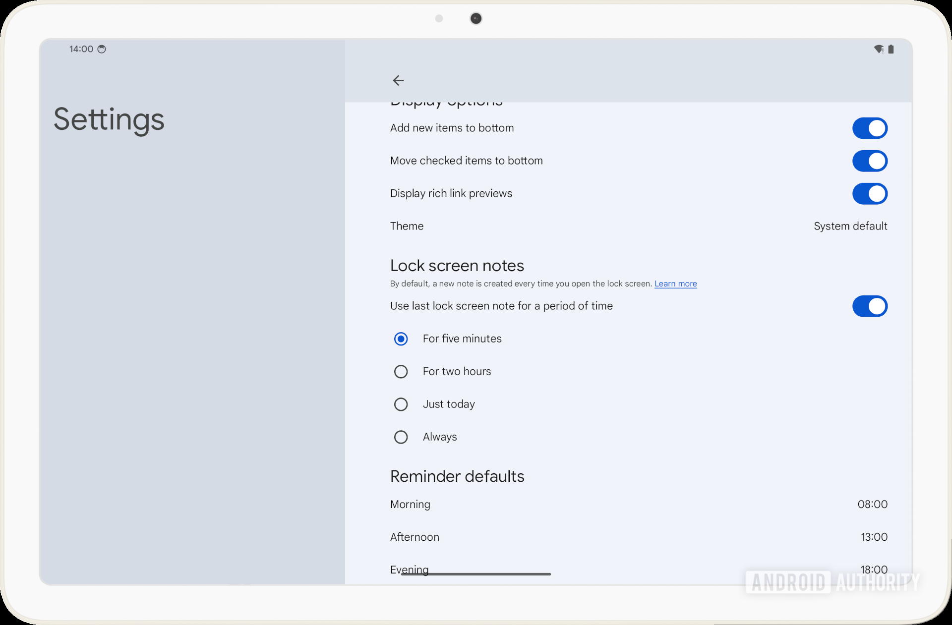 Android 14 Google Keep notetaking settings