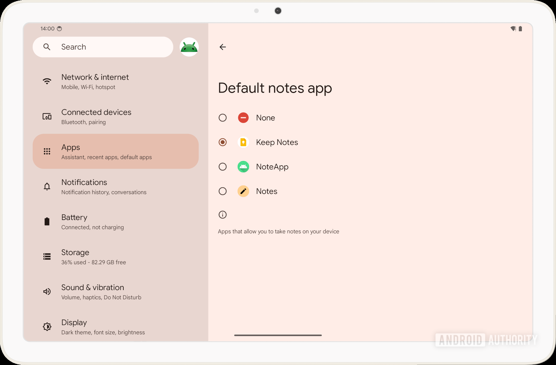 Android 14 default notes app settings