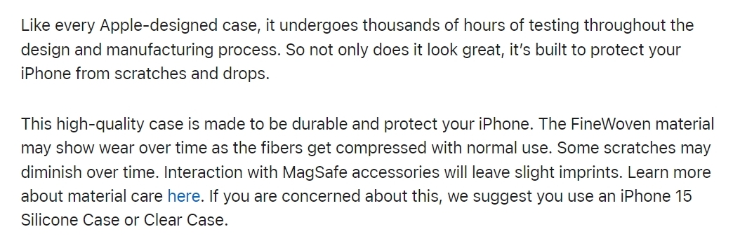 Apple warning about FineWoven wear and tear