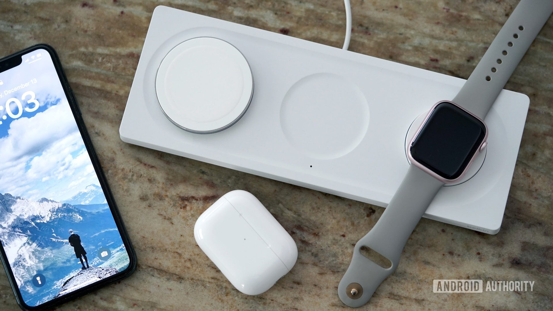The Belkin 3-in-1 MagSafe charger features dedicated landing pads for iPhones, AirPods, and Apple Watches. 