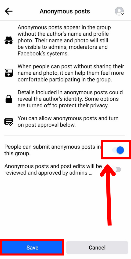 Facebook toggle in anonymous posts settings