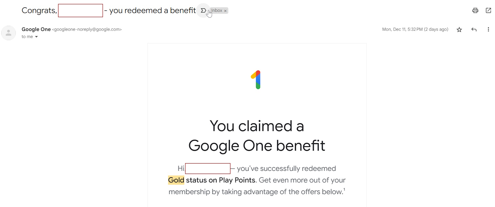 Google One 2TB membership benefit Gold Play Points
