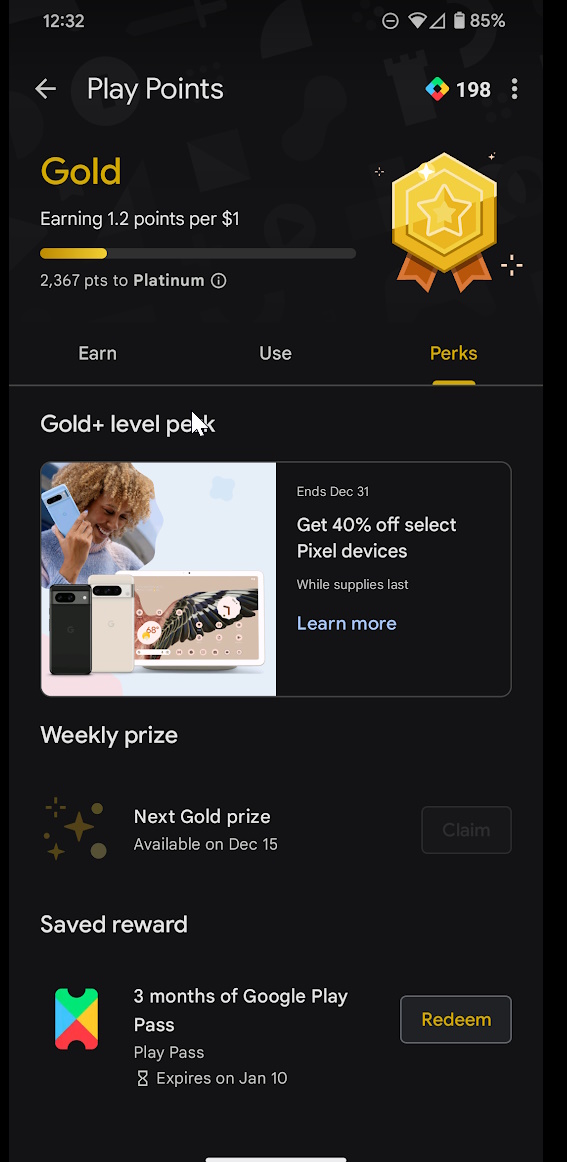 Google Play Points Gold Tier perk