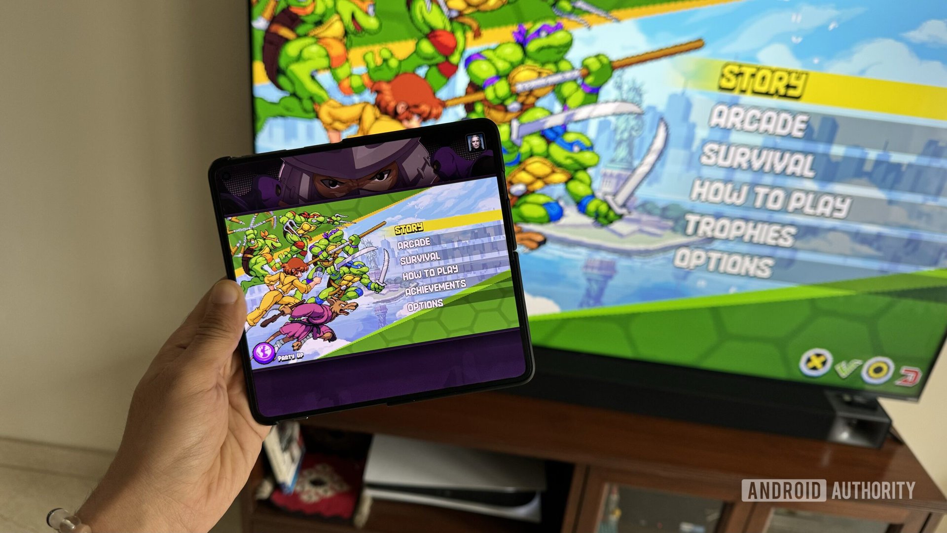 Ninja Turtles netflix game on a OnePlus Open against a PlayStation
