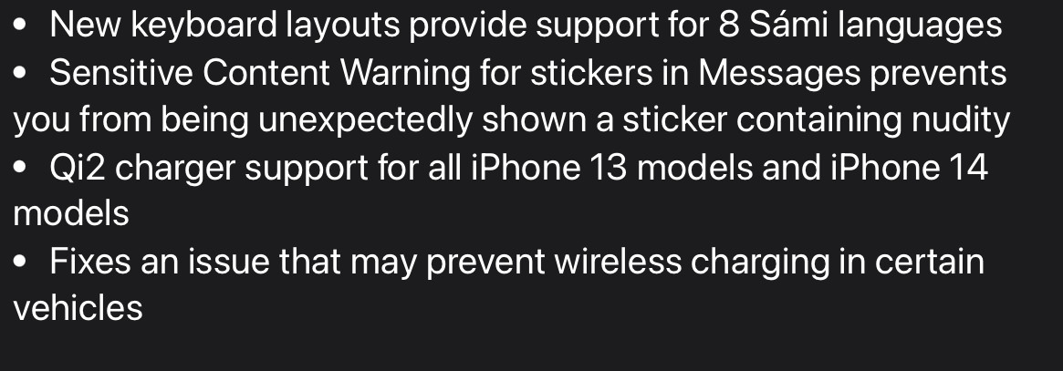 An iPhone changelog confirming the addition of Qi2 wireless charging on an older handset.