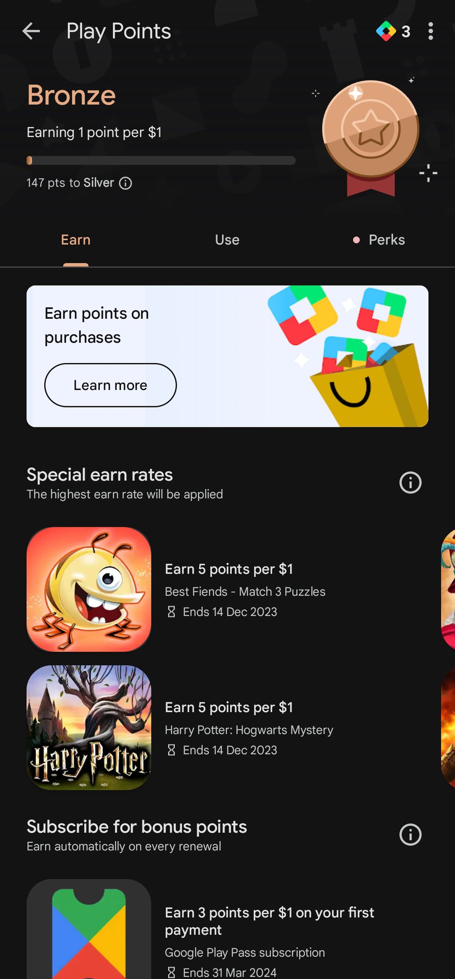 Google Play Points Earn page