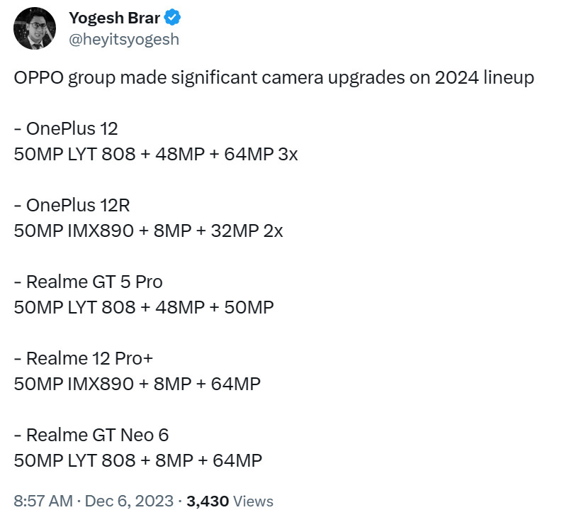 Yogesh Brar OPPO OnePlus Realme camera specs
