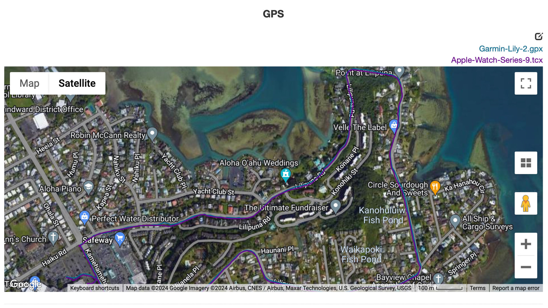 A map shows GPS data recorded by the Garmin Lily 2 and an Apple Watch Series 9