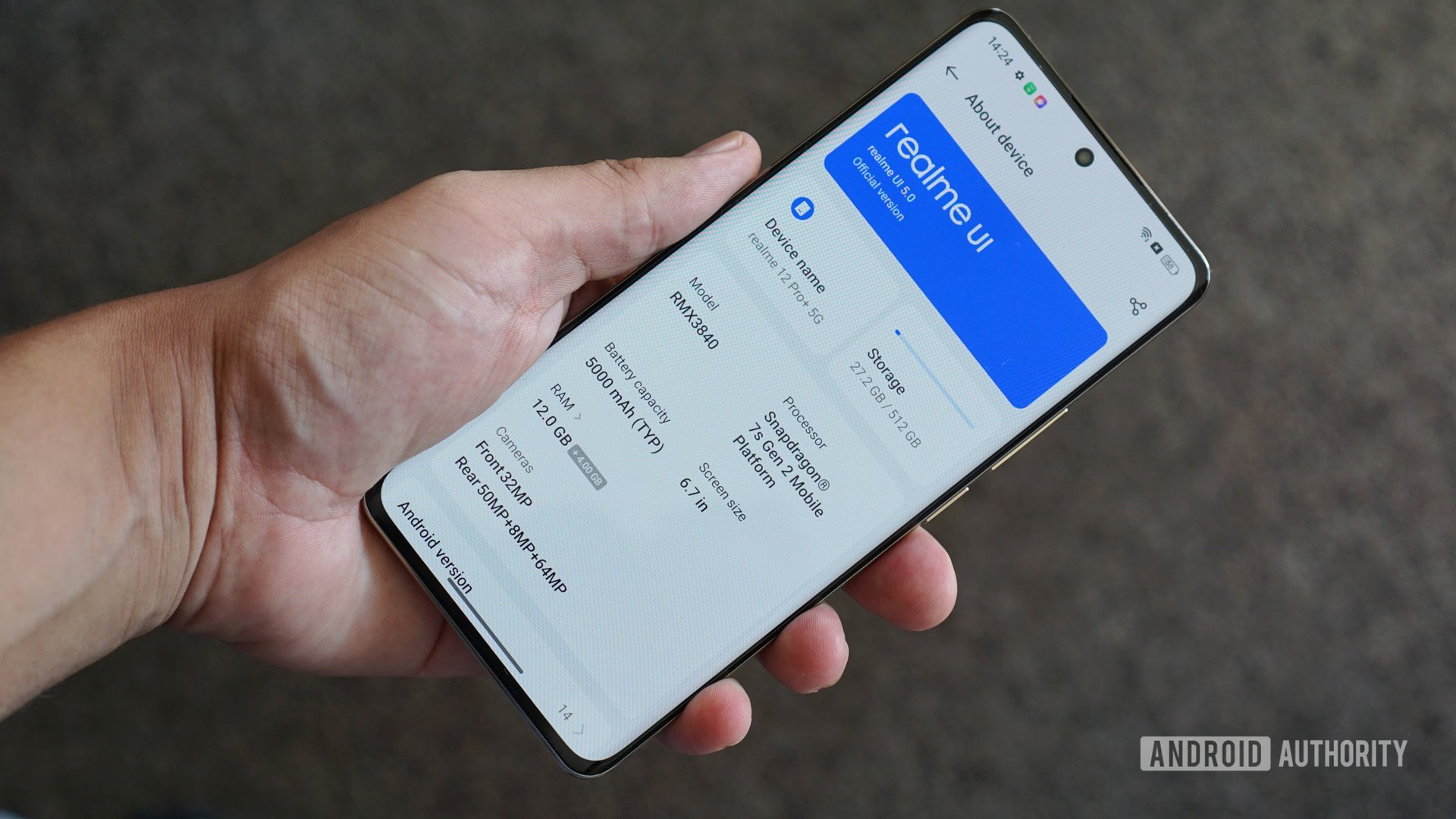 The Realme 12 Pro Plus, displaying the about screen.