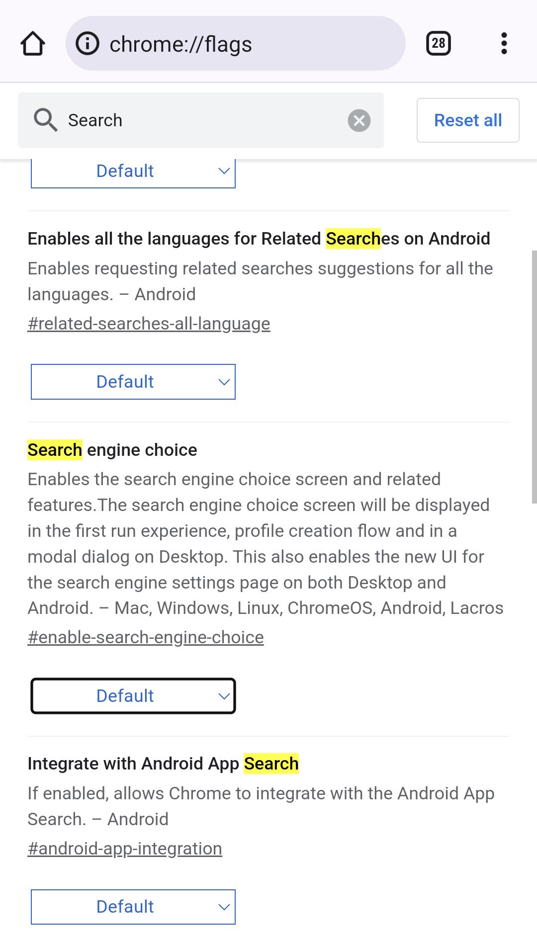 Search Enginge setting on Chrome for Android