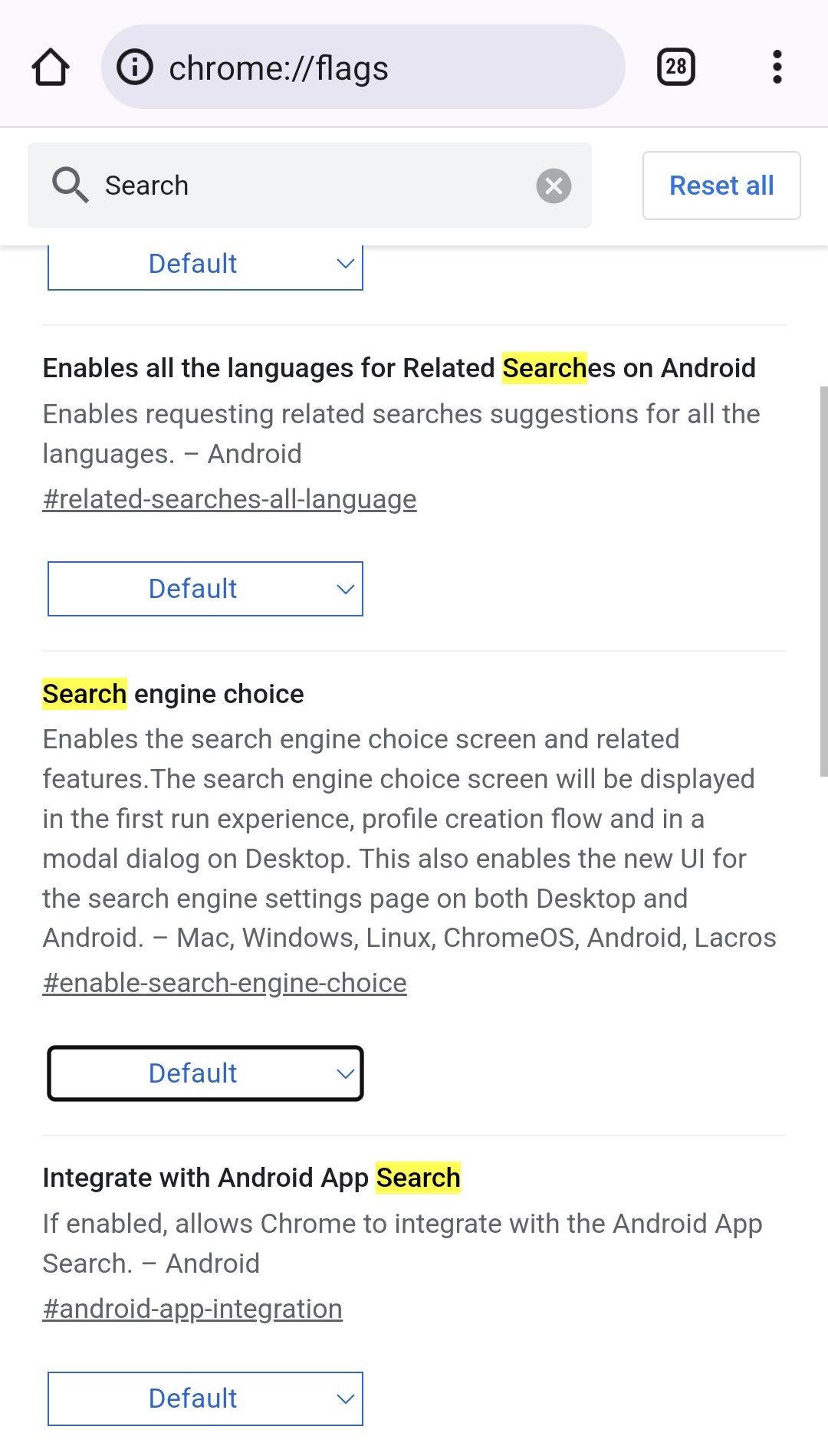 Configuración del motor de búsqueda en Chrome para Android