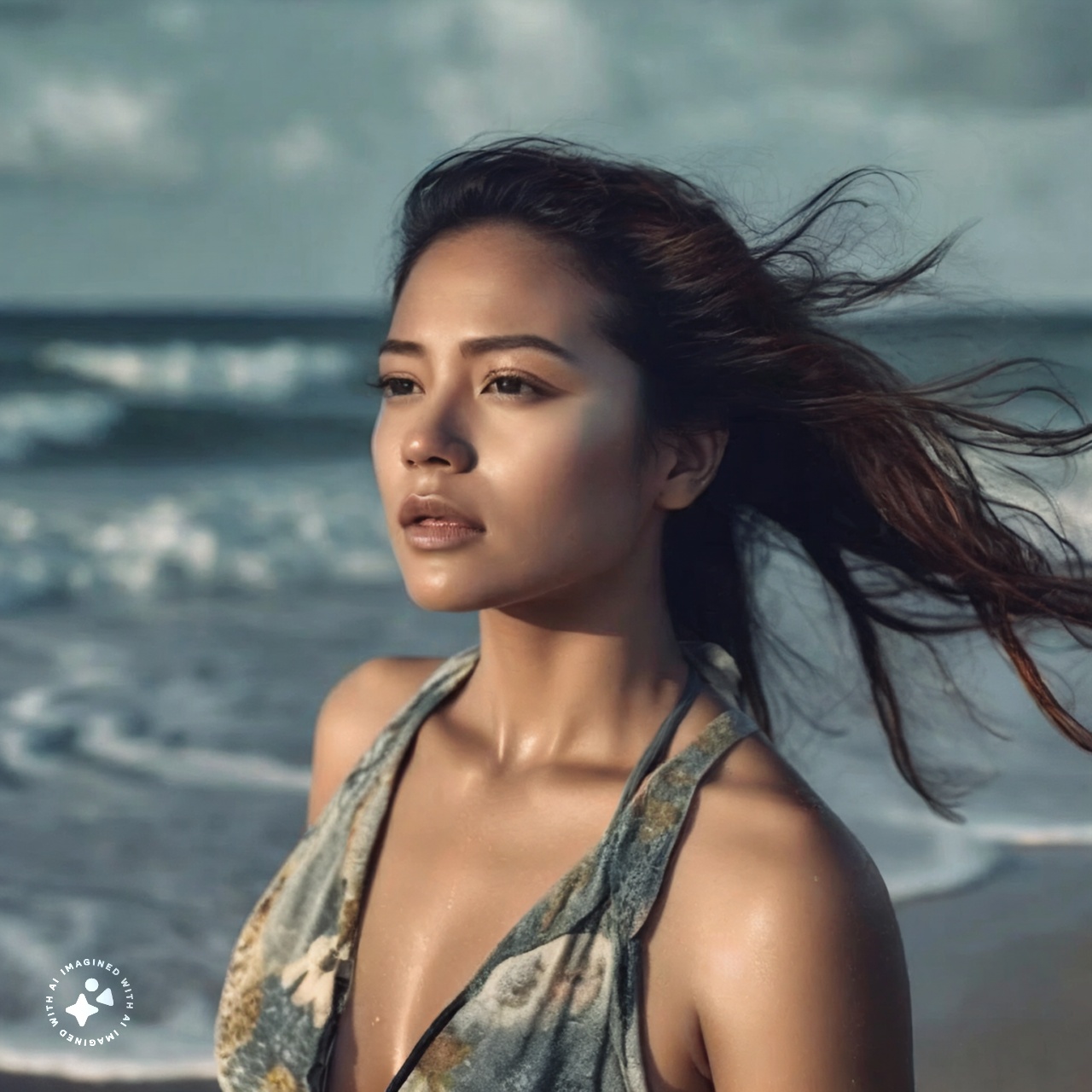 imagine ai A beautiful woman standing on a beach and facing the ocean, realistic