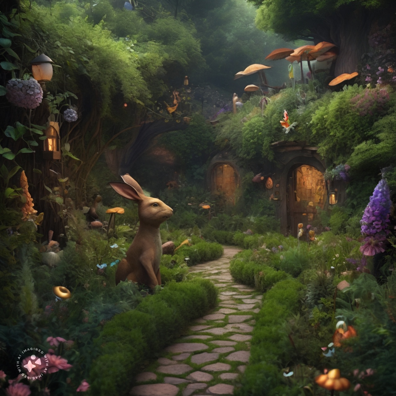 imagine ai A whimsical, fairytale like garden filled with talking animals and enchanting flora, magical